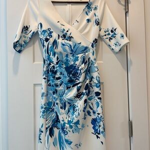 Teri Jon: Floral Wrap Dress in Blue and White